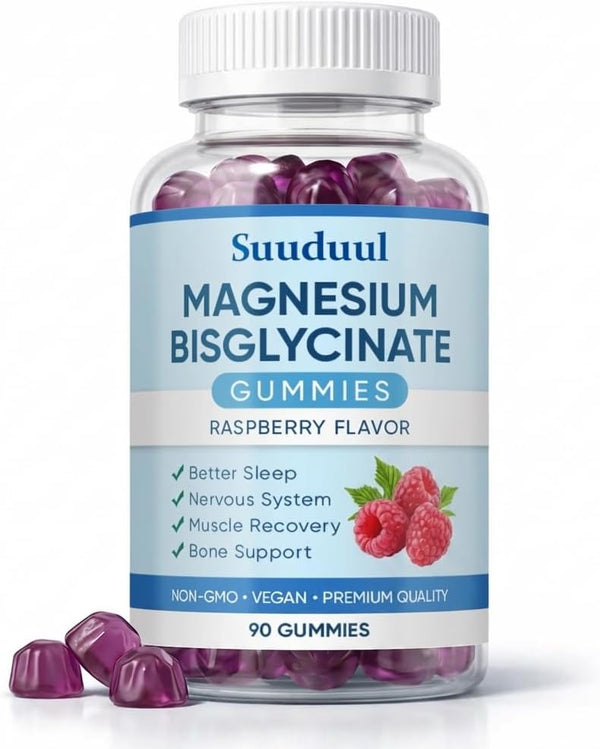 SUUDUUL Magnesium Bisglycinate Gummies, 400mg High Absorption Magnesium Supplement, Raspberry Flavor, Supports Muscle