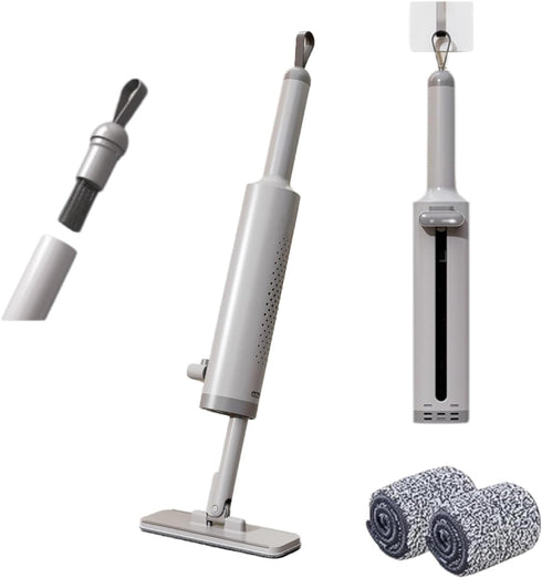 Mini Mop for Small Spaces, Portable Self-Squeeze Mop with Crevice Brush, Silicone Squeegee & 2 Reusable Pads