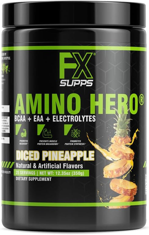 Amino Hero Diced Pineapple Flavor Post-Workout Recovery Drink, 25 Servings, Energy Powder Mix with BCAA, EAA