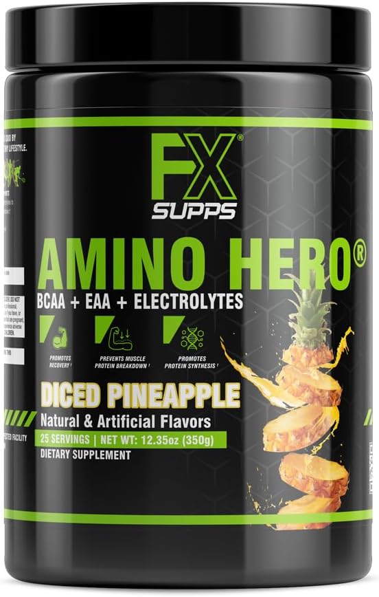 Amino Hero Diced Pineapple Flavor Post-Workout Recovery Drink, 25 Servings, Energy Powder Mix with BCAA, EAA