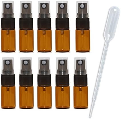 JJKMALL 10Pcs Mini 3ML Amber Glass Perfume Spray Bottle, Travel Refillable Cosmetic Atomizer + 3ML Dropper