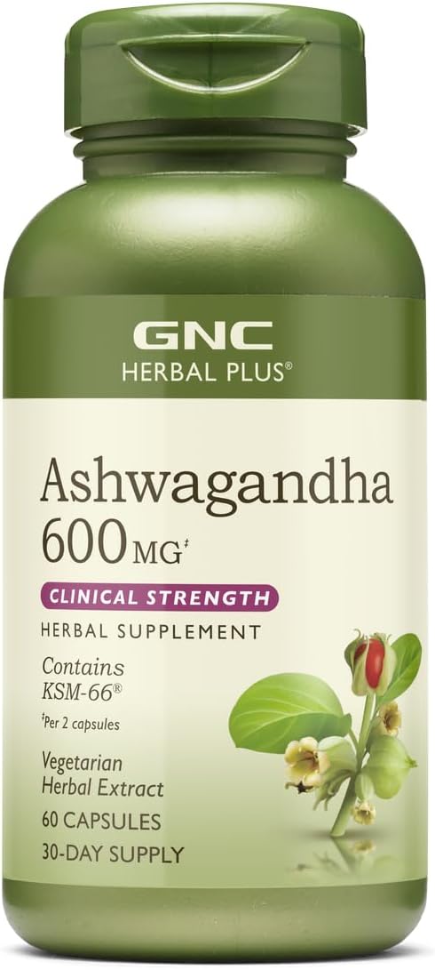 GNC Herbal Plus Ashwagandha, 600mg, 60 Capsules, Stress Relief Support