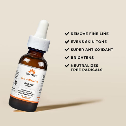 SKIN DEVA 20% Vitamin C Serum for Face with Vitamin E & Ferulic Acid - 1 fl oz 30 ML - Rejuvenates Skin & Brightens