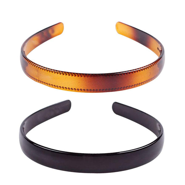 Set of 2 Simple Fashion Plastic Headband Hair Accessories, Fine Tooth Hairband for Women, Black + Brown