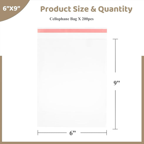 Self Sealing Cellophane Bags 200PCS, 6X9 Inches Clear Plastic Bags for Gift Giving, Packaging Treats, Party Favors