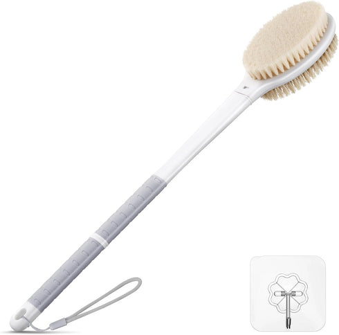 Back Scrubber Body Shower Brush with Anti Slip Long Handle, Soft and Stiff Bristles, Grey