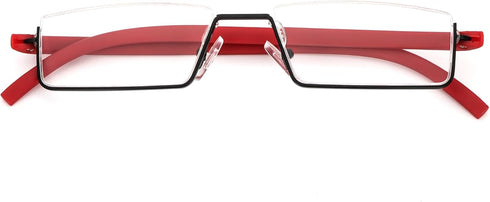 REAVEE Stylish Half Frame Reading Glasses for Women, Lightweight Rectangle Metal Portable Readers with Cases, Red +1.0