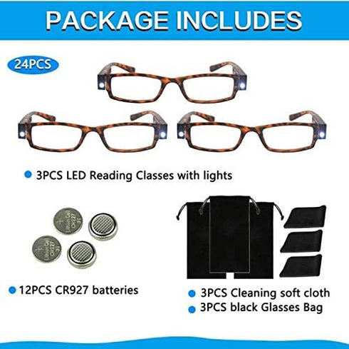 Reading Glasses with Light, Bright LED Readers, Lighted Magnifier Eyewear for Nighttime Reading, +200