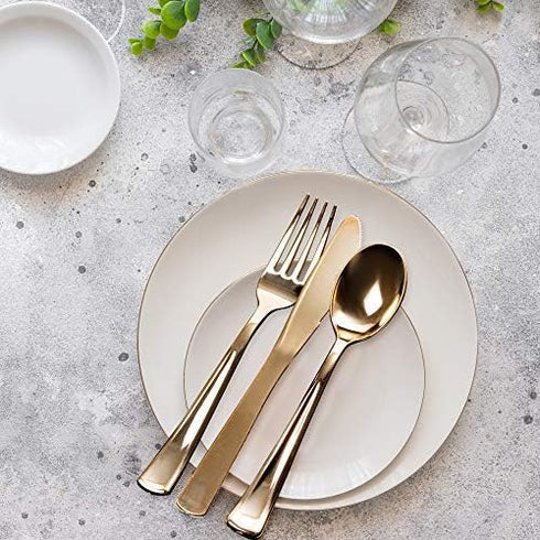 MATANA - 180 Bulk Gold Plastic Silverware Set (60 Knives 60 Forks 60 Spoons) - Reusable Gold Plastic Cutlery Set, Gold Plastic Utensils for Party, Wedding, Dinner, Gold Silverware Heavy Duty by MATANA