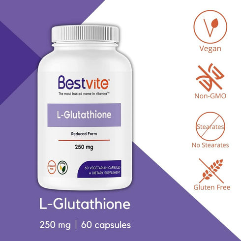 BESTVITE L-Glutathione 250mg - 60 Vegetarian Capsules, No Stearates, Vegan, Non GMO, Gluten Free