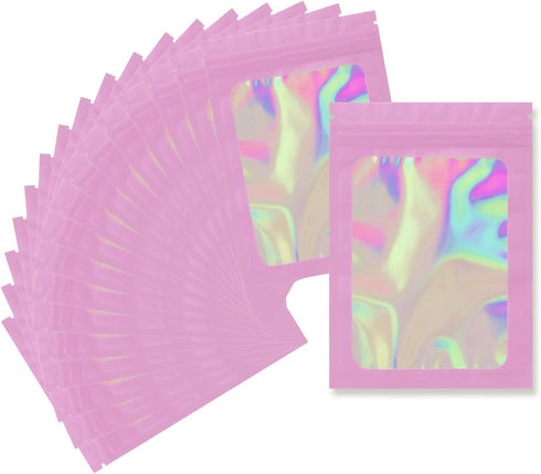 100 Pack Mylar Bags, 4 x 6 Inch Resealable Smell Proof Foil Pouch with Front Window Pink
