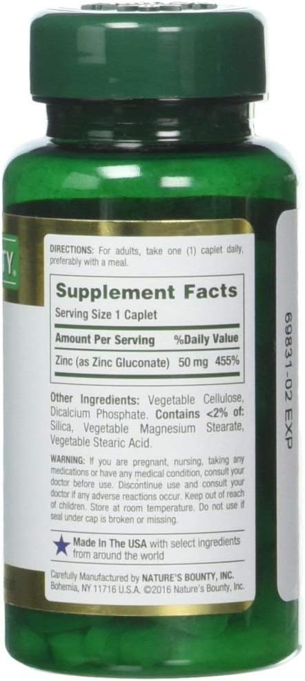 Nature's Bounty Zinc 50 mg Caplets, 100 Count, Pack of 2