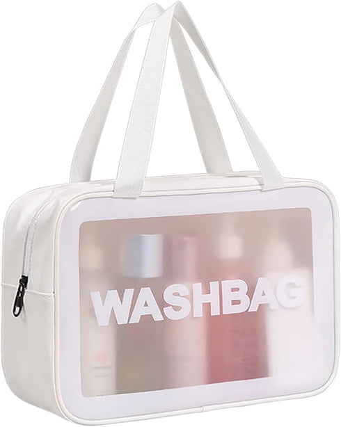 Travel Toiletry Bag for Women and Men - Matte Translucent Makeup Organizer Bag with Handy Handle (White)