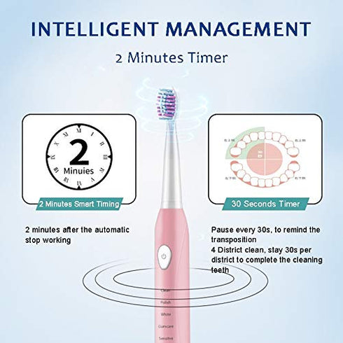 RED-NI Sonic Electric Toothbrush, 4 Free Replacement Heads Included, USB Fast Charging Waterproof Toothbrush, Pink