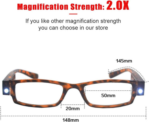Reading Glasses with Light, Bright LED Readers, Lighted Magnifier Eyewear for Nighttime Reading, +200