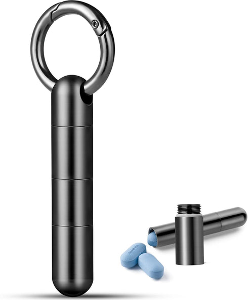 TISUR Keychain Pill Holder: Tiny Pill Case Black Extended, Titanium Waterproof Pill Organizer, EDC Container for