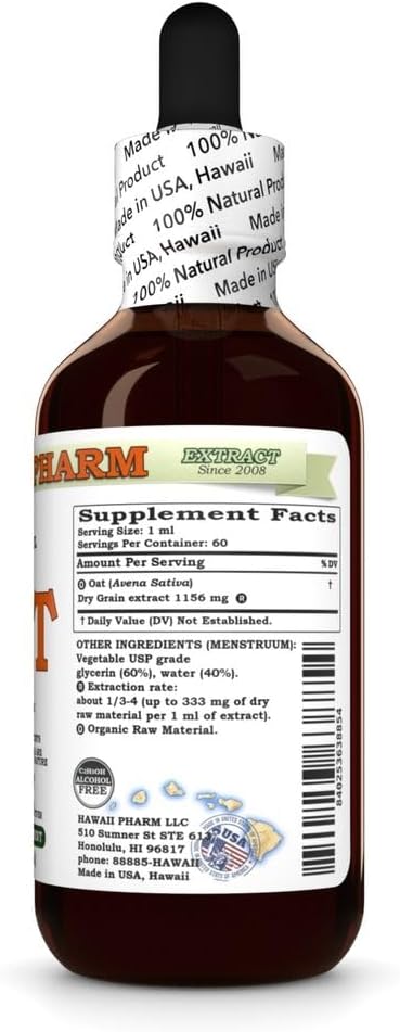 Hawaii Pharm 2 fl.oz Oat (Avena Sativa) Dry Grain Glycerite, All Natural, Vegan, Lab Tested Alcohol-Free Liquid Extract