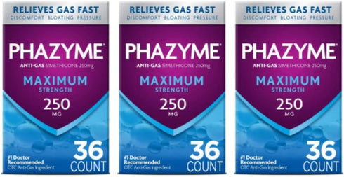 Phazyme Maximum Strength Gas and Bloating Relief - 250 mg Simethicone, 36 Fast GELS, Pack of 3