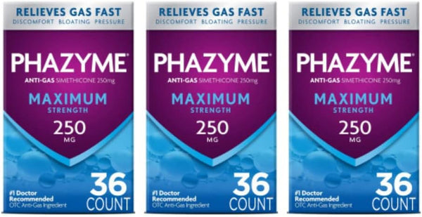 Phazyme Maximum Strength Gas and Bloating Relief - 250 mg Simethicone, 36 Fast GELS, Pack of 3