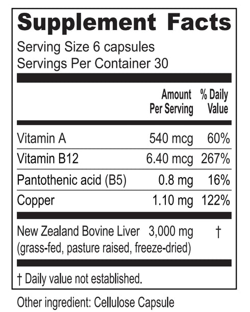 First Light Farms Grassfed Beef Liver Supplement, Freeze Dried Grass-Fed Liver Capsules, Vitamin B12, Copper, Iron, 180