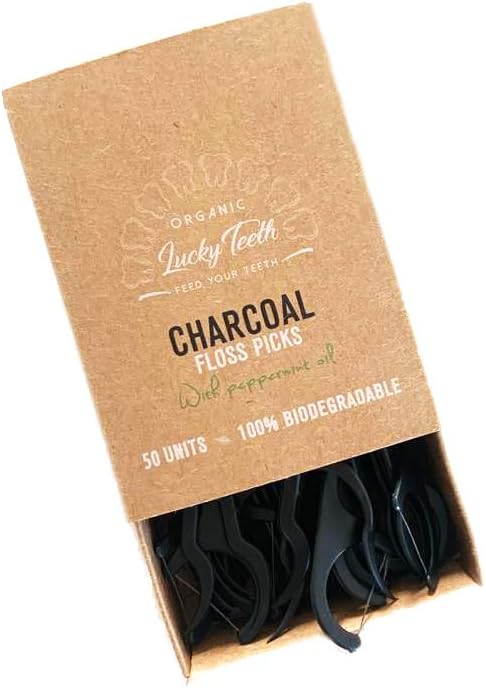 Improved Biodegradable Activated Charcoal Floss Picks, Plastic Free with Organic Peppermint Oil, Zero Waste - 50 Unit