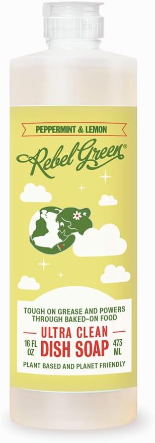 Rebel Green Super Deluxe Dish Soap - Natural Liquid Dish Detergent Scented with Peppermint & Lemon (16 oz, 1 Pack)