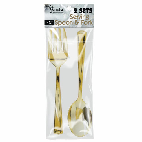 Blue Sky Disposable Gold Serving Spoon and Forks Set, 4 Count for Parties and Events