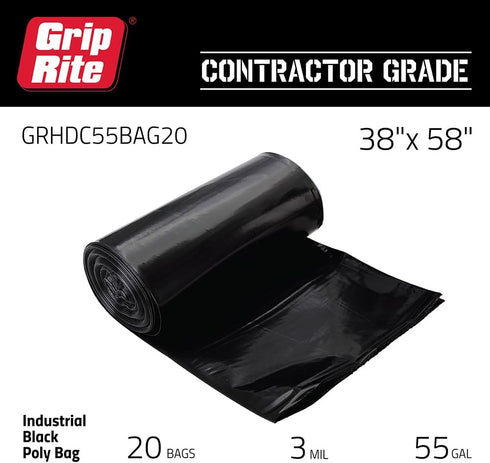 Grip-Rite GRHDC55BAG20 Heavy Duty Black Contractor Bag 55 Gallon 38" x 58", 20 Count by Grip-Rite