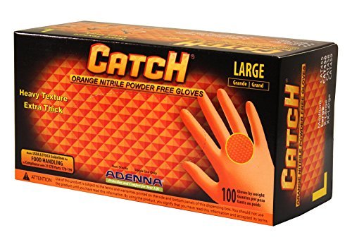 Adenna CAT456 Catch Nitrile Gloves - 9 mil Powder-Free, Raised Grip, Orange, Large, Box of 100