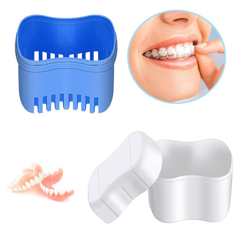 Denture Cleaner Box and Brush Set, 2 Pack with Basket + 2 Pack Denture Brush, Portable Storage Box for Oral Care (Blue