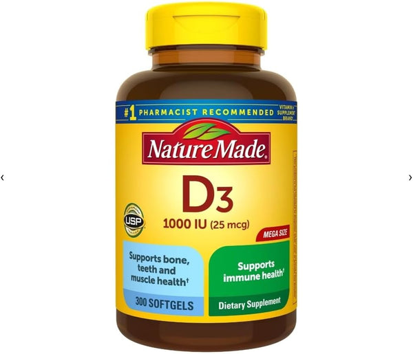 Vitamin D3, 300 Softgels, 1000 IU (25 mcg), Supports Immune Health, Strong Bones, Teeth & Muscle Function, Daily Value