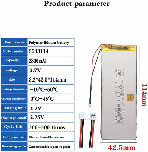 Liter energy battery 3.7V 3543114 2300mAh Pack 1.25mm Lithium Polymer ion Battery Rechargeable Polymer Battery with JST