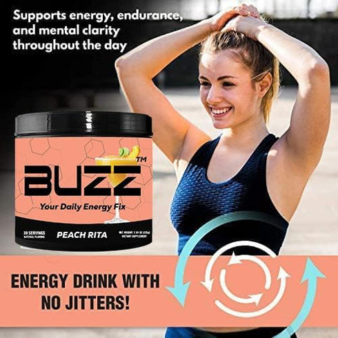 Morning Buzz Energy Drink Powder - Sugar-Free Energy Boost Drink Mix - 30 Servings, Peach Rita