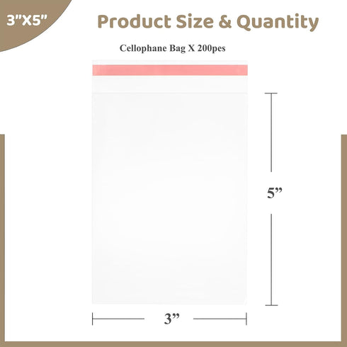 Cookie Bags 200PCS Self Sealing Cellophane Bags 3X5 Inches Small Sealable Clear Plastic Bags with Seal for Gift Giving, Packaging Candy, Snack, Treat, Products, Party Favors