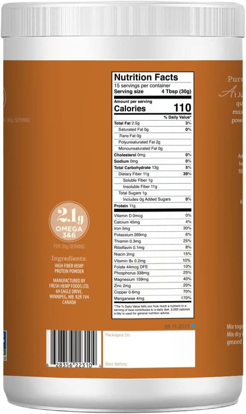 Just Hemp Foods Hemp Protein Powder Plus Fiber, Non-GMO Verified with 11g of Protein & 11g of Fiber per Serving, 16 oz - Packaging May Vary