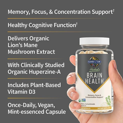 Garden of Life Brain Health Supplement with Organic Lion’s Mane & Turmeric for Memory & Focus - Non-GMO, Mint Flavor