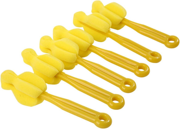 6 Pack Long Handle Bottle Nipple Cleaner Sponge Brush, BPA-Free Scrubber - Yellow