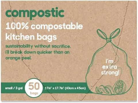 Home Compostable Trash Bags, Extra Strong Kitchen Rubbish Bags, Small 3 Gallon, 50 Count