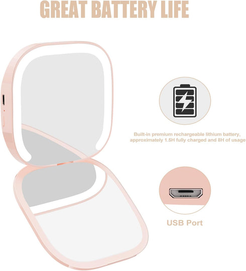 MY BEAUTY LIGHT Compact Mirror, Lighted 1X/3X Magnifying Travel Makeup Mirror, USB Charging (Pink)