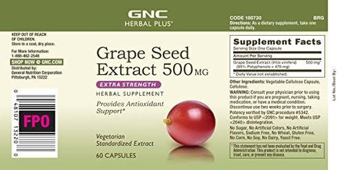 GNC Herbal Plus Grape Seed Extract 500mg - Extra Strength, 60 Capsules, Antioxidant Support