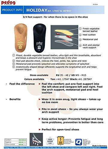 Pedag Holiday 3/4 Length Sheepskin Orthotic Inserts, Handmade in Germany, Arch Support, Black, 1 Pair, US Women 9 / EU
