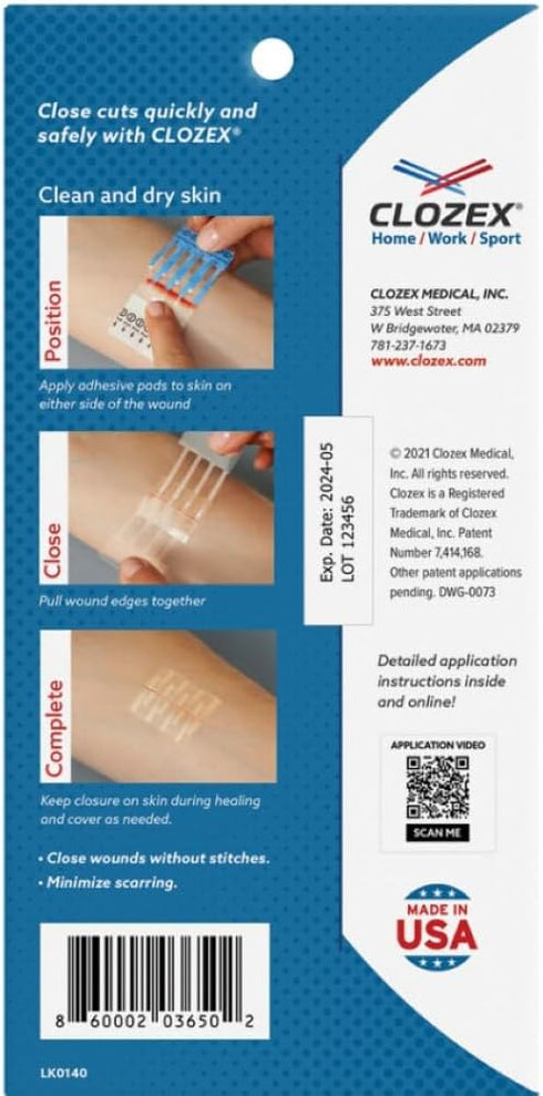 Clozex Emergency Laceration Kit - Repair Wounds Without Stitches. FDA Cleared Skin Closure Device for a Wound Up to 1 1/2 Inches in Length. Complete Kit to Clean, Close, and Cover Wounds.