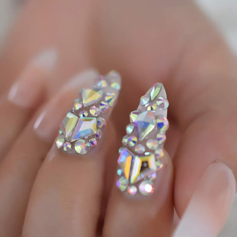 Luxury Fake Nails Designer Extra Long Ombre French Jewelry Pre-designed Nails with Natural Stiletto AB Stones