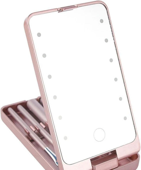 Portable Makeup Mirror with 5 Makeup Brushes, Travel Case Storage Box, LED Rechargeable Makeup Mirror, Pink