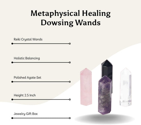 Metaphysical Healing Dowsing Stone Wands Towers Set of 4 - Amethyst, Rose Quartz, Rock Crystal, Black Tourmaline