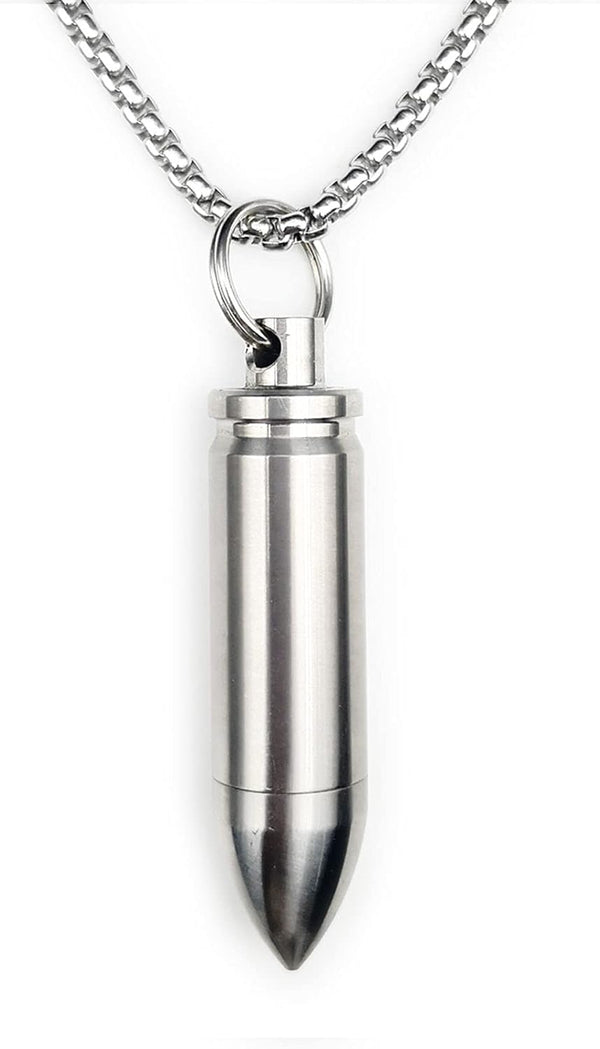 Small Pill Box Titanium Pill Fob Necklace, Mini Waterproof Keychain Holder for Men & Women (TC02 Bullet Pendant)