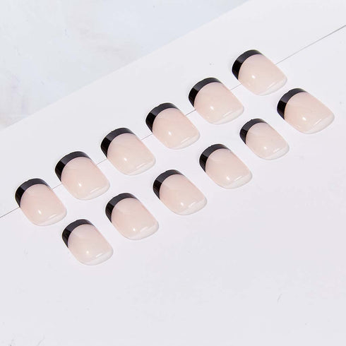 RikView Acrylic Press on Nails, French Tip Oval Glossy Fake Nails with Design Full Cover (Black)