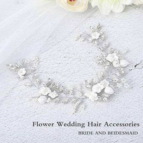 Unicra Bride Flower Wedding Hairpiece, Pearls Bridal Hair Accessory with Crystals for Women and Girls (Silver)