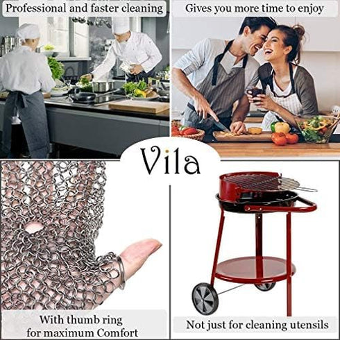 Vila 7 Inches Diameter Cast Iron Scrubber, Round 316 Premium Stainless Steel, Flexible Chainmail Scrubber
