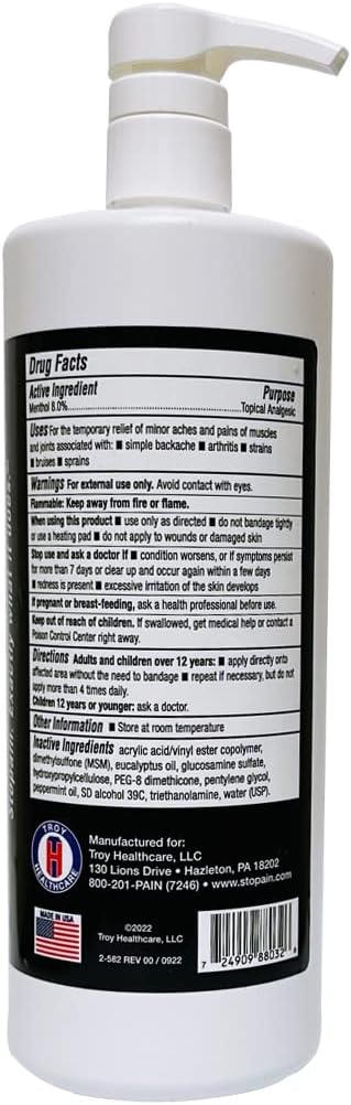Stopain Pain Relief Gel 32oz, USA Made Max Strength with Menthol, MSM, Glucosamine for Joint, Back, Arthritis Pain